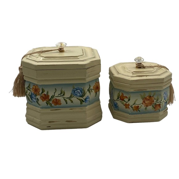 Vintage Hexagon Nesting Wood Jewelry Urn Boxes Floral Shabby Chic Crystal Handle - Picture 2 of 12